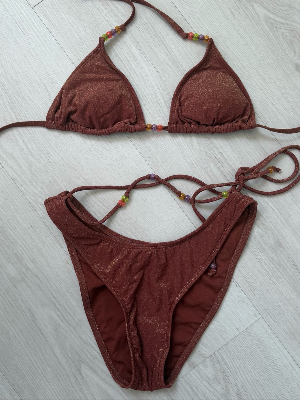 Wild Fable Brown Shimmer Beaded Triangle Bikini Set | XS/S